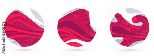 Abstract oriental Japanese art vector backgrounds set in red color in shape of circle, traditional style design, wavy shapes and mountains terrain landscape, runny like sea lines.