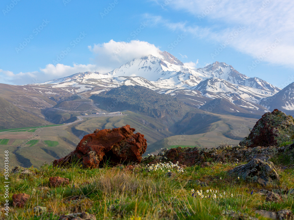 Erciyes Mount with height of 3,864 metres is the highest mountain in Cappadocia and central Anatolia. It is a volcano. - obrazy, fototapety, plakaty 