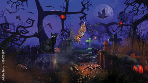Halloween scena notturna con cimitero e vari animali photo