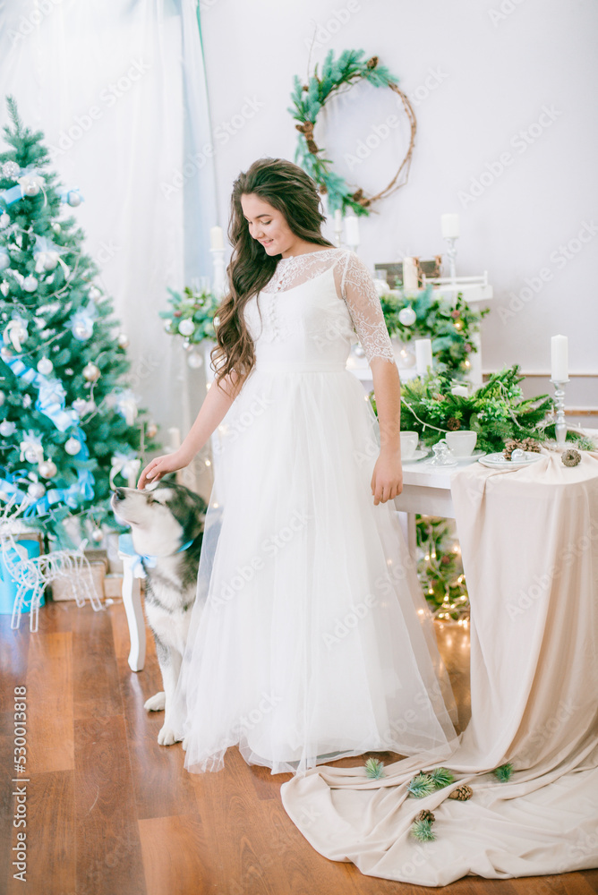 A cute teenage girl with long dark curly hair in a white airy ball gown near the Christmas tree in a room with a classic Christmas decor with a large Malamute. Christmas mood. pets A cute teenage girl with long dark curly hair in a white airy ball gown near the Christmas tree in a room with a classic Christmas decor with a large Malamute. Christmas mood. pets