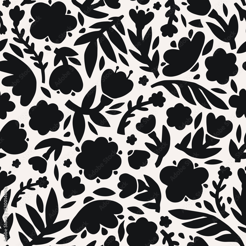 Seamless vector pattern of simplified flowers. Simple black and white illustration. For fabric, wrapping paper, bedding, wallpaper. Seamless vector pattern of simplified flowers. Simple black and white illustration. For fabric, wrapping paper, bedding, wallpaper.