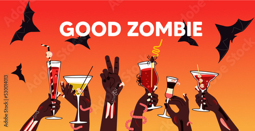 Halloween banner with Dead zombie hands holding bloody cocktails