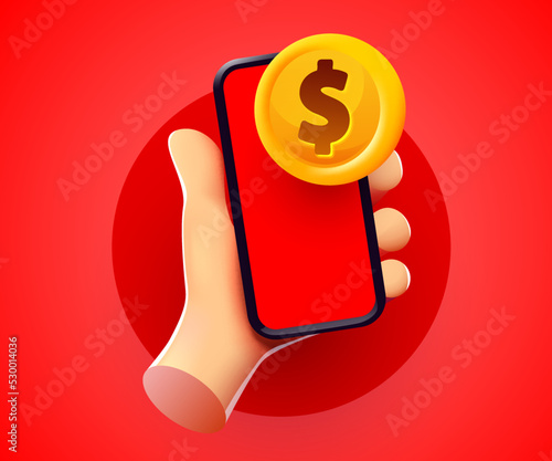 Easy online payments concept with cartoon 3D hand, phone and coin, Business and money. Online earnings.