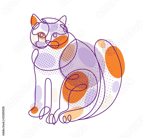 Fat and lazy cat line art vector illustration, linear drawing of pussycat relaxing, minimal outline sketch of cute domestic pet.