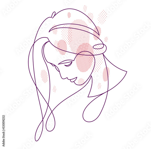 Beautiful face of attractive woman vector linear drawing, sensitive emotional line art adult girl portrait, feminine abstract face line art.