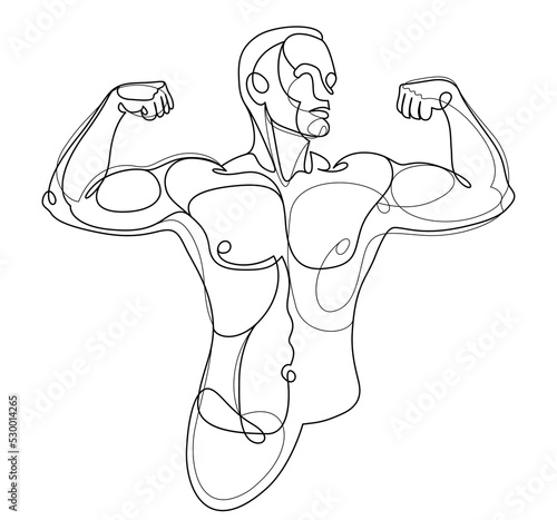 Linear drawing of a perfect body fit model man posing vector illustration isolated, muscular macho sexy guy with naked torso topless.