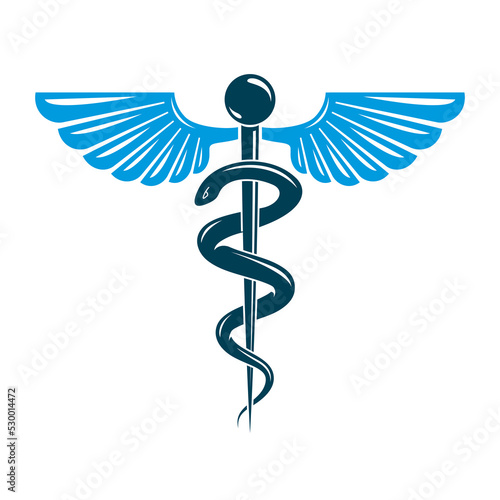 Aesculapius vector abstract emblem composed using wings and snakes best for used in pharmacy advertisement.