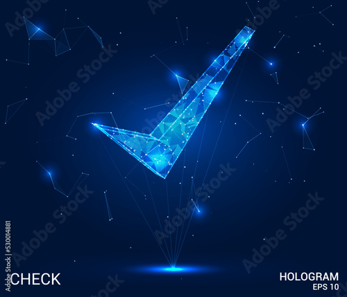 The hologram is a tick. A checkmark of polygons, triangles of points and lines. Check mark icon low-poly connection structure. Technology concept vector.