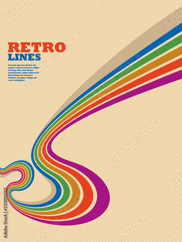 Retro style abstract background with curve lines in all colors of rainbow, 3D dimensional seventieth vector art.
