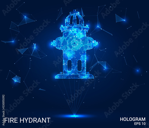 A hologram of a fire hydrant. A fire hydrant made of polygons, triangles of dots and lines. The fire hydrant icon is a low-poly compound structure. Technology concept vector.