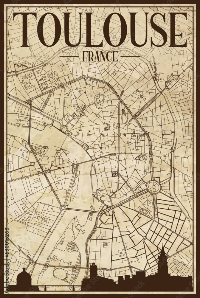 Obraz premium Black printout streets network map with city skyline of the downtown TOULOUSE, FRANCE on a vintage paper framed background