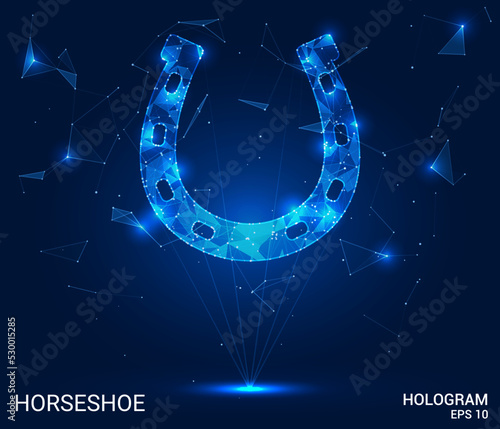 A horseshoe hologram. A horseshoe of polygons, triangles of points and lines. The horseshoe icon is a low-poly compound structure. Technology concept vector.