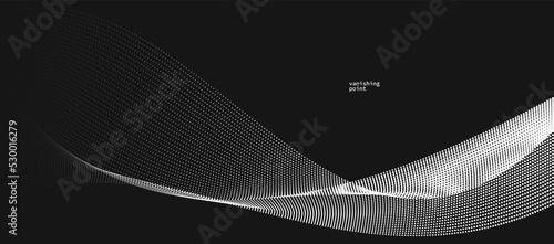 Wave of flowing vanishing particles vector abstract background, curvy lines dots in motion over black relaxing illustration, smoke like image.