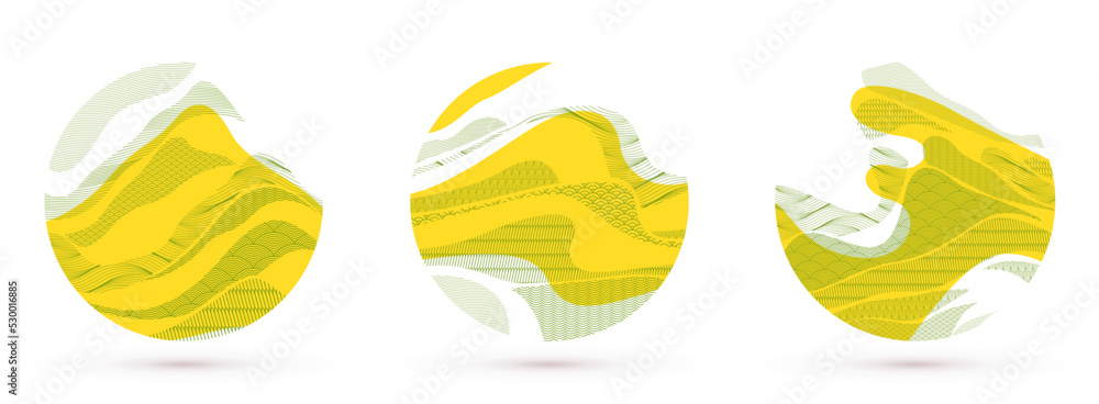 Abstract oriental Japanese art vector backgrounds set in yellow color in shape of circle, traditional style design, wavy shapes and mountains terrain landscape, runny like sea lines. Abstract oriental Japanese art vector backgrounds set in yellow color in shape of circle, traditional style design, wavy shapes and mountains terrain landscape, runny like sea lines.