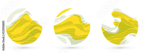 Abstract oriental Japanese art vector backgrounds set in yellow color in shape of circle, traditional style design, wavy shapes and mountains terrain landscape, runny like sea lines.