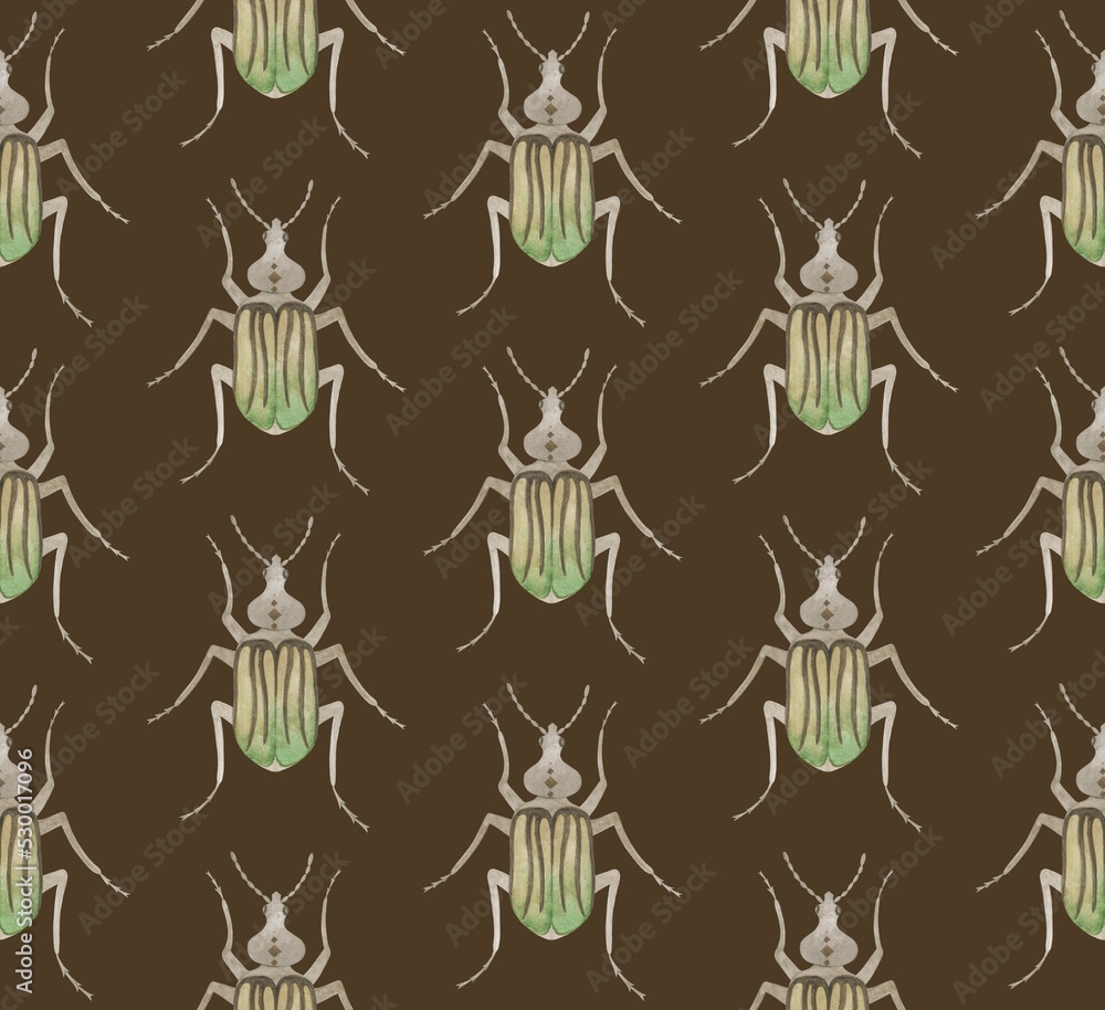 BROWN SEAMLESS PATTERN WITH WATERCOLOR BEETLES BROWN SEAMLESS PATTERN WITH WATERCOLOR BEETLES