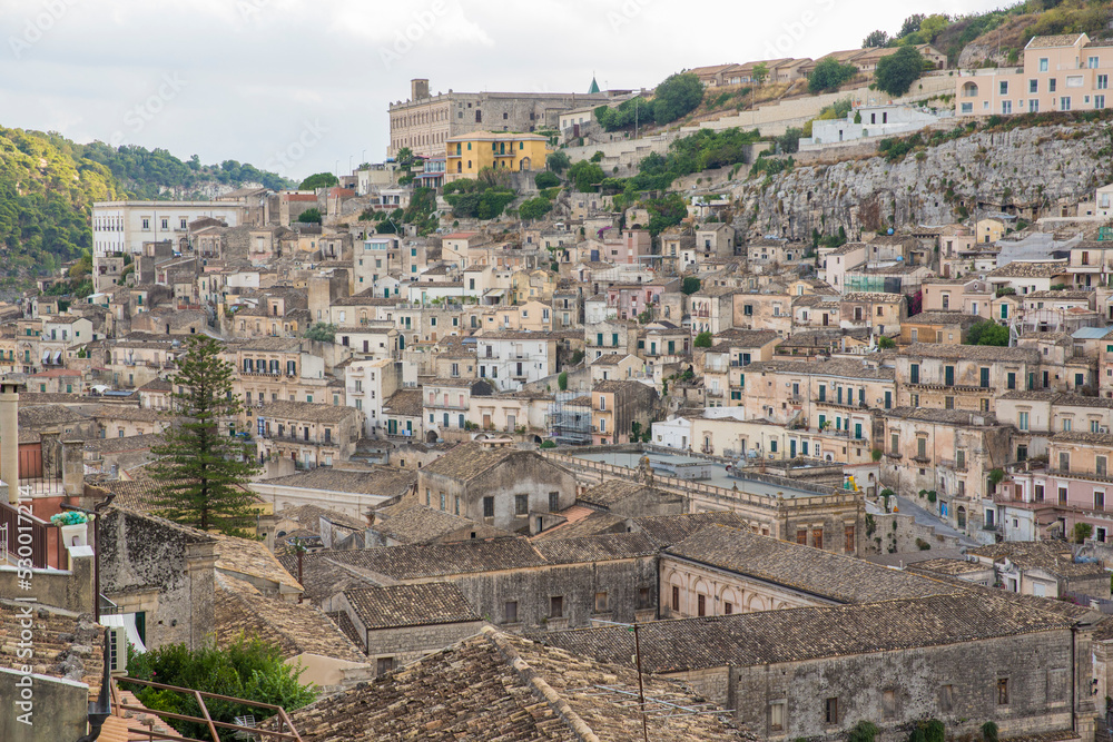 Panoramic view of the city of Modica in Sicily, Italy. For its masterpieces the city is one of the most significant examples of late Baroque architecture.