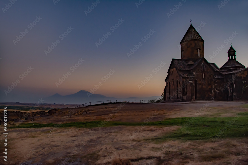 Saghmosavank Monastery and Mount Ararat. Beautiful landscape with monastery and mountain