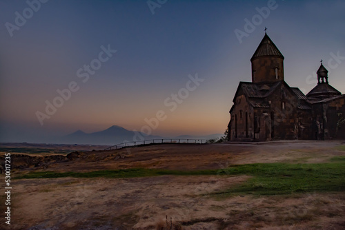 Saghmosavank Monastery and Mount Ararat. Beautiful landscape with monastery and mountain