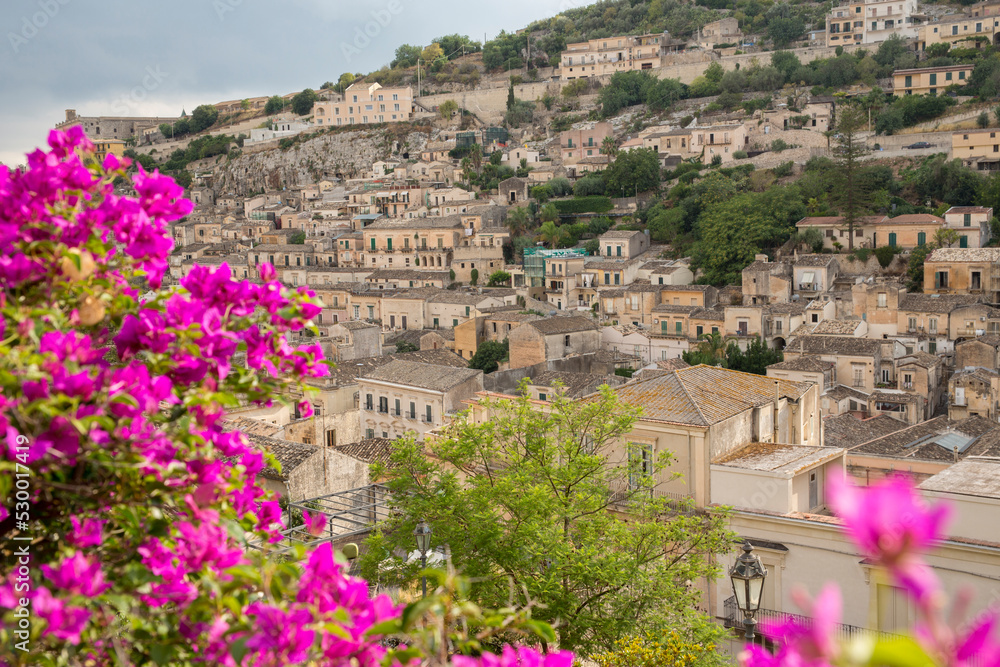 Panoramic view of the city of Modica in Sicily, Italy. For its masterpieces the city is one of the most significant examples of late Baroque architecture. Framed among pink flowers.