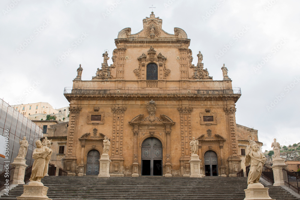 Facade of the basilica of San Pietro, a religious building in Modica, in the province of Ragusa, Italy. This church is considered a masterpiece of the Italian Baroque.