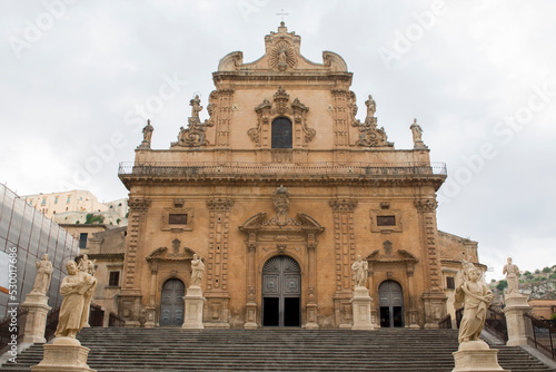 Facade of the basilica of San Pietro, a religious building in Modica, in the province of Ragusa, Italy. This church is considered a masterpiece of the Italian Baroque.