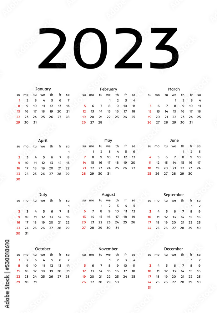 Calendar for 2023 isolated on a white background
