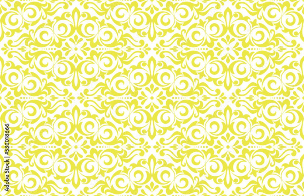 Wallpaper in the style of Baroque. Seamless vector background. White and yellow floral ornament. Graphic pattern for fabric, wallpaper, packaging. Ornate Damask flower ornament Wallpaper in the style of Baroque. Seamless vector background. White and yellow floral ornament. Graphic pattern for fabric, wallpaper, packaging. Ornate Damask flower ornament