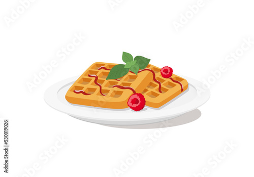 Belgian waffles with raspberries and mint on the plate isolated in the white background. Vector illustration