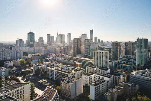 Fototapeta Naklejka Na Ścianę i Meble -  Aerial drone view of Warsaw cityscape, Center of Warsaw city with skyscrapers, Capital of Poland with modern office buildings in business center