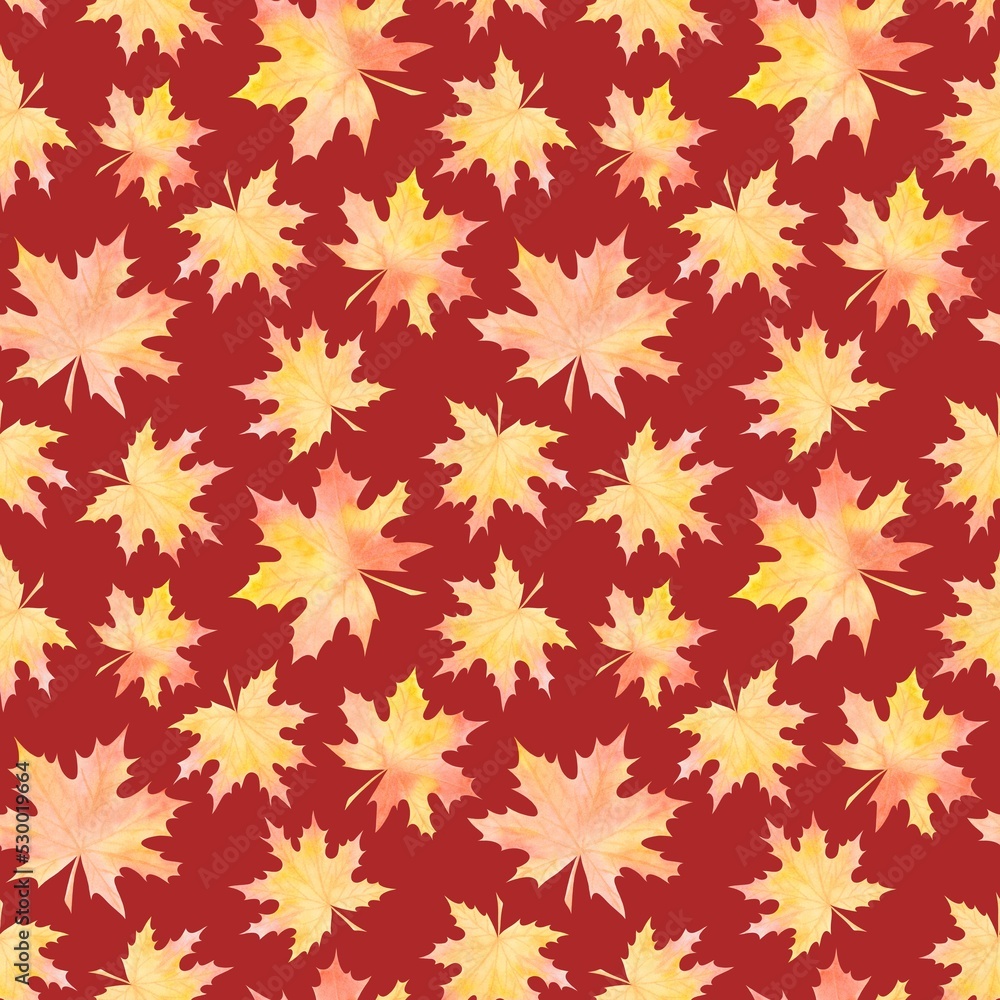 RED SEAMLESS PATTERN WITH WATERCOLOR YELLOWING MAPLE LEAVES RED SEAMLESS PATTERN WITH WATERCOLOR YELLOWING MAPLE LEAVES