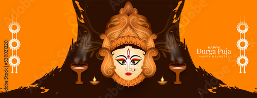 Durga Puja and Happy navratri Hindu festival banner design with goddess face