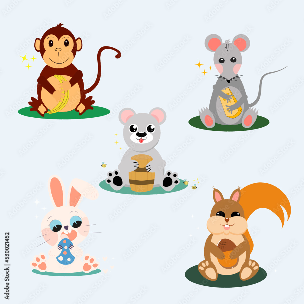 Fototapeta premium set of cute animals with favorite treats