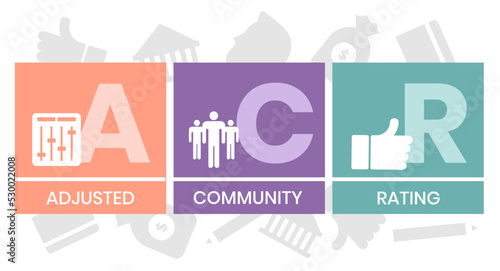 ACR - Adjusted Community Rating acronym. business concept background. illustration for website banner, marketing materials, business presentation, online advertising.