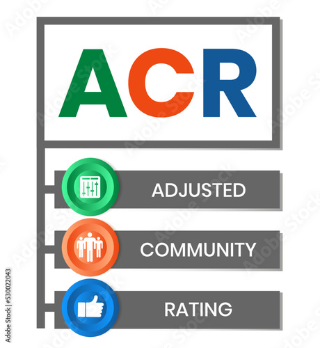 ACR - Adjusted Community Rating acronym. business concept background. illustration for website banner, marketing materials, business presentation, online advertising.
