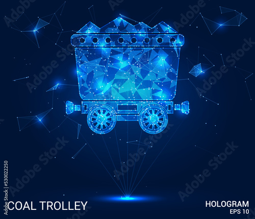 The hologram is a coal trolley. A coal trolley made of polygons, triangles of points and lines. Coal trolley icon is a low polygonal connection structure. Technology concept vector.