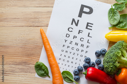 Food for eyes health, colorful vegetables and fruits, rich in lutein and eye test chart on wooden background, concept  photo