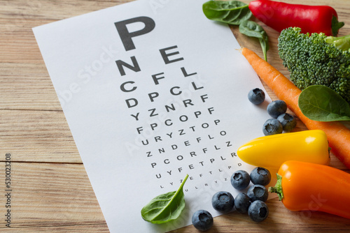Food for eyes health, colorful vegetables and fruits, rich in lutein and eye test chart on wooden background, concept photo