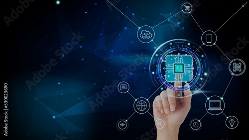 Artificial intelligence (AI) Virtual Screen. Modern metaverse ai and machine learning algorithm concept map. Design for visual concept. Modern and Hi tech glass screen. Finger touching to AI button.