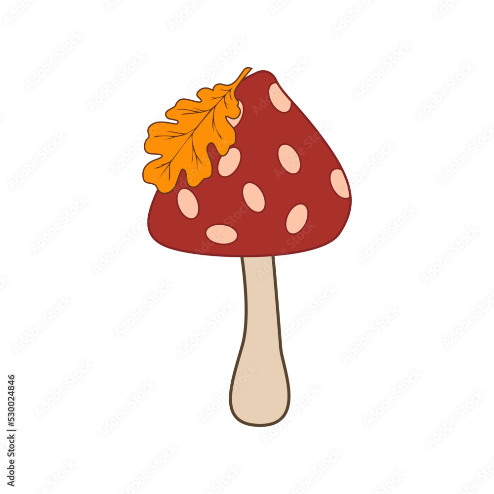 Vector illustration of a simple mushroom with an oak leaf. Red fly agaric mushroom Vector illustration of a simple mushroom with an oak leaf. Red fly agaric mushroom