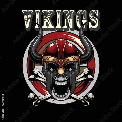Vector Illustration of Skull Wearing Viking Helmet with Bones in Vintage Style