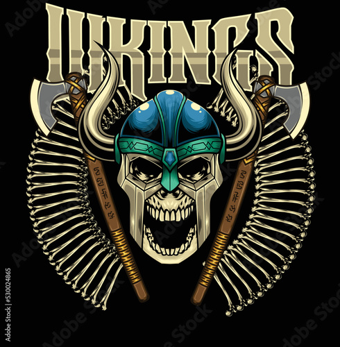 Vector Illustration of Skull Wearing Viking Helmet with Bones and Axes in Vintage Style