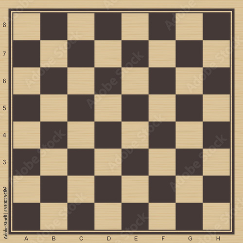 Wooden chess board. Chessboard background with letters and numbers.