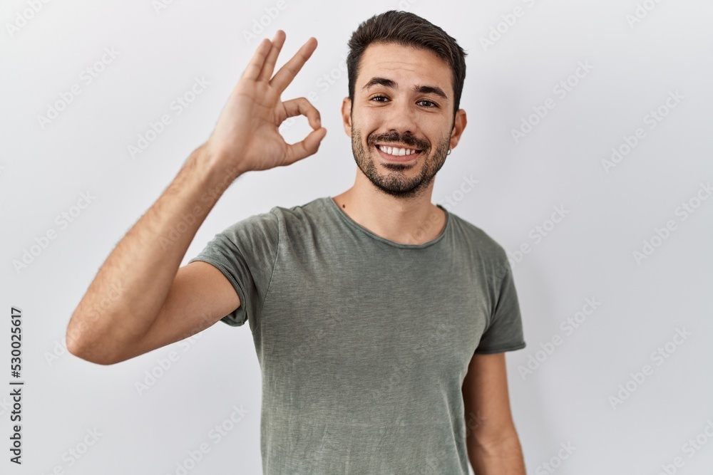 Young hispanic man with beard wearing casual t shirt over white background smiling positive doing ok sign with hand and fingers. successful expression. Young hispanic man with beard wearing casual t shirt over white background smiling positive doing ok sign with hand and fingers. successful expression.