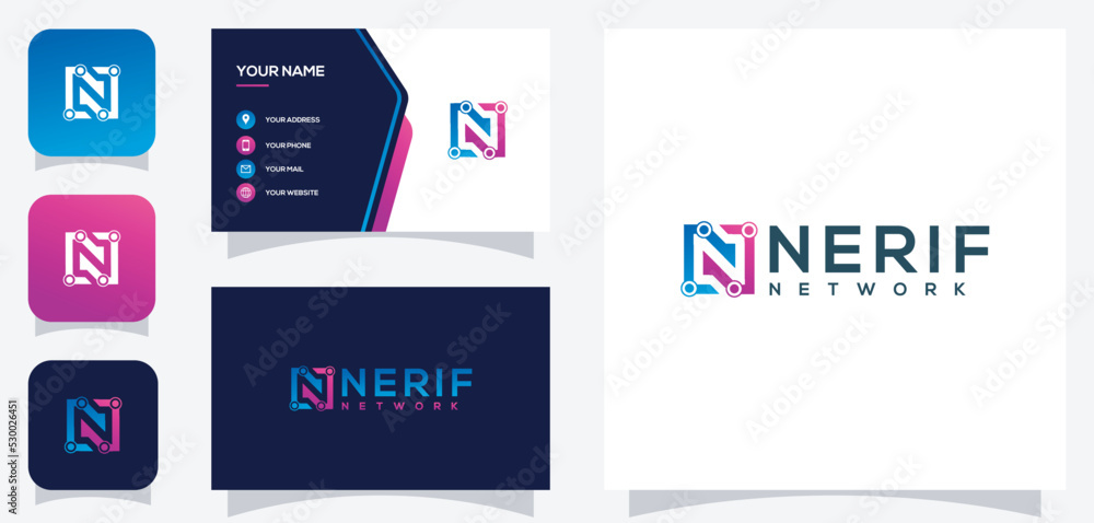 Vector graphic of letter N technology logo design with business card template
