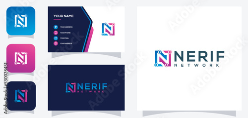 Vector graphic of letter N technology logo design with business card template