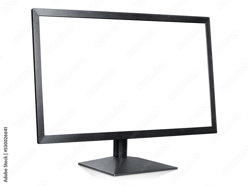 computer monitor standing half sideways with copy space on white isolated background computer monitor standing half sideways with copy space on white isolated background