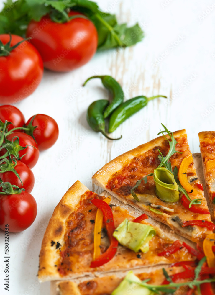 Classic italian vegetarian pizza in white wooden desk.Top view Classic italian vegetarian pizza in white wooden desk.Top view