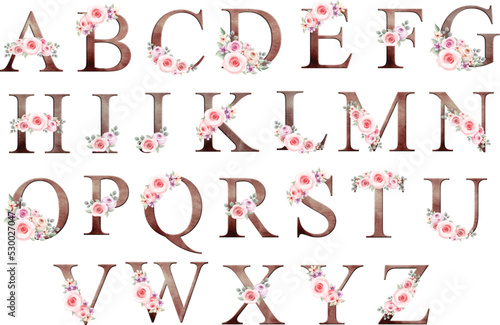 Watercolor Illustration set of  vintage alphabet with flowers