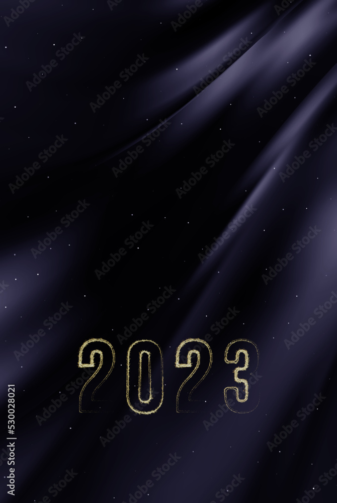 Dark blue wavy silk background with 2023 gold sequins. Dark blue wavy silk background with 2023 gold sequins.